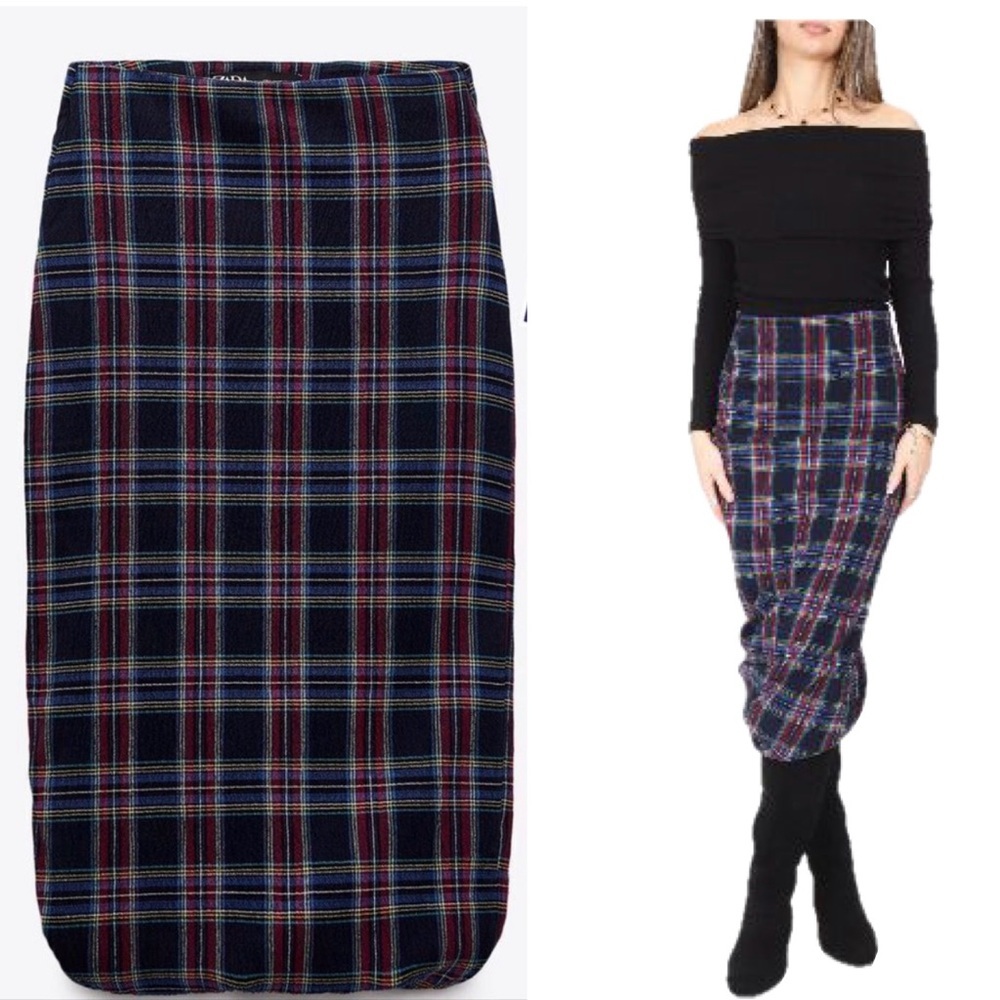 Zara Navy blue red high-rise plaid check midi skirt asymmetrical bubble hem Sz M